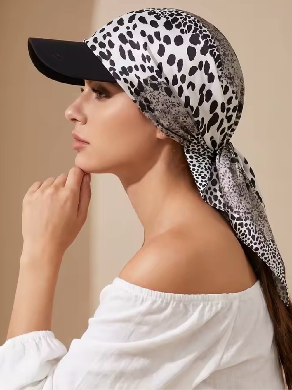 Leopard Print Scarf Visor Hat - Black & White